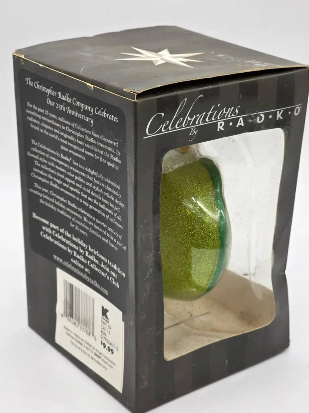 Radko Christmas Ornament Green Glitter Frog Head 25th Anniversary Glass Holiday